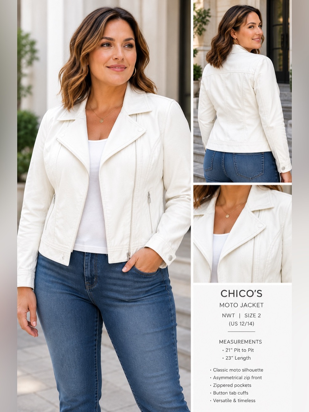 Chico’s White Denim Moto Jacket Size 2 Large 12/14 NWT